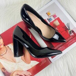 Bamboo Faux Patent Leather Pointed Toe Chunky Heel Pumps Career Shoes Black